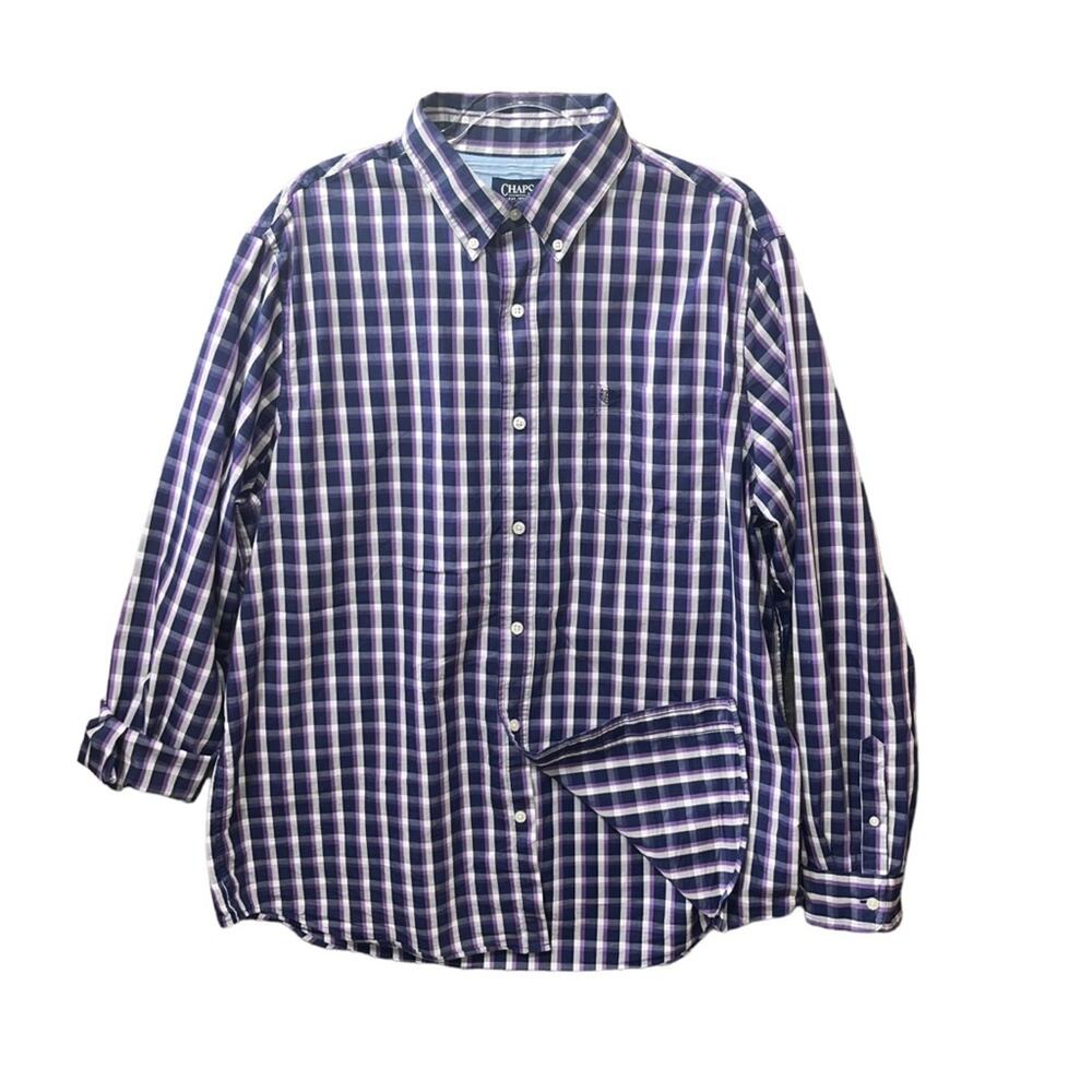 CHAPS Button Down Shirt Mens Size XL Stretch Easy Care Purple Plaid Long Sleeve